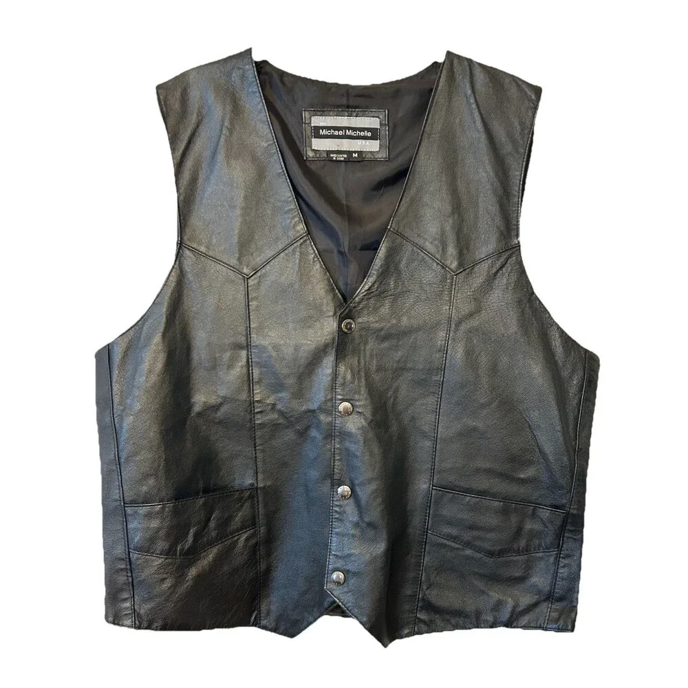 Michael Michelle Black leather Biker Vest With Eagle Embroidered Size M men - Picture 2 of 8